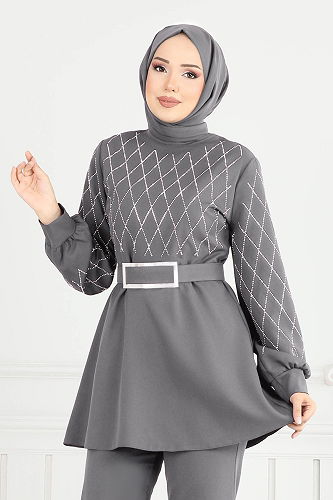 moda selvim Taş Detay İkili Takım 2691SL432 Antrasit - Thumbnail