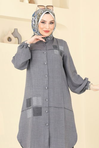moda selvim Taş Detay Keten Takım 369DVL817 Antrasit - Thumbnail