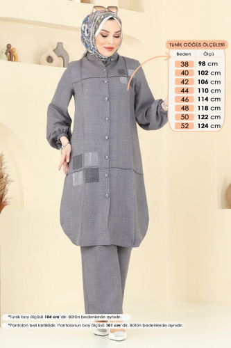 moda selvim Taş Detay Keten Takım 369DVL817 Antrasit - Thumbnail