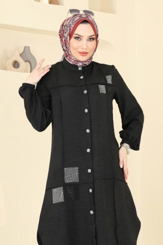 moda selvim Taş Detay Keten Takım 369DVL817 Siyah - Thumbnail