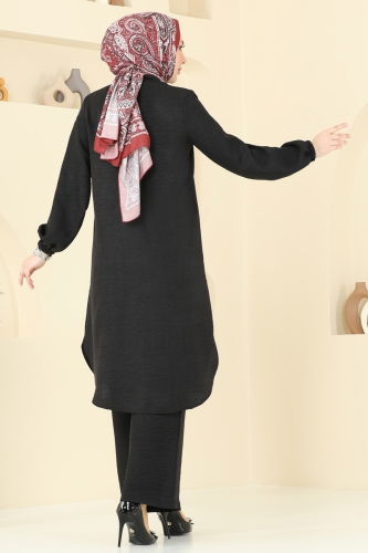 moda selvim Taş Detay Keten Takım 369DVL817 Siyah - Thumbnail