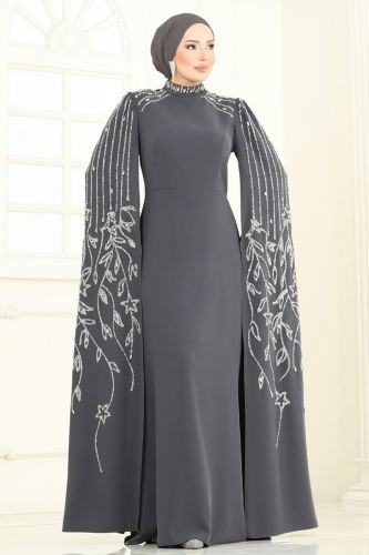 moda selvim Taş Detay Pelerinli Abiye 5696EDF311 Antrasit - Thumbnail