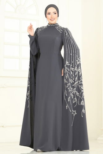moda selvim Taş Detay Pelerinli Abiye 5696EDF311 Antrasit - Thumbnail