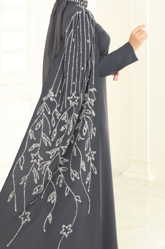 moda selvim Taş Detay Pelerinli Abiye 5696EDF311 Antrasit - Thumbnail