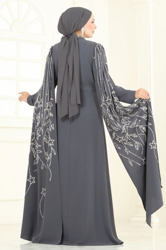 moda selvim Taş Detay Pelerinli Abiye 5696EDF311 Antrasit - Thumbnail