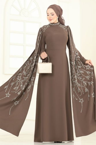 moda selvim Taş Detay Pelerinli Abiye 5696EDF311 Koyu Vizyon - Thumbnail