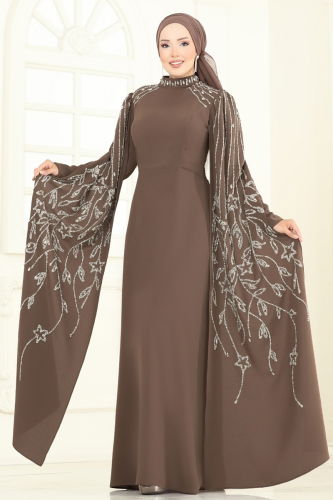 moda selvim Taş Detay Pelerinli Abiye 5696EDF311 Koyu Vizyon - Thumbnail
