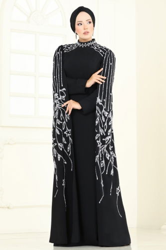 moda selvim Taş Detay Pelerinli Abiye 5696EDF311 Siyah - Thumbnail