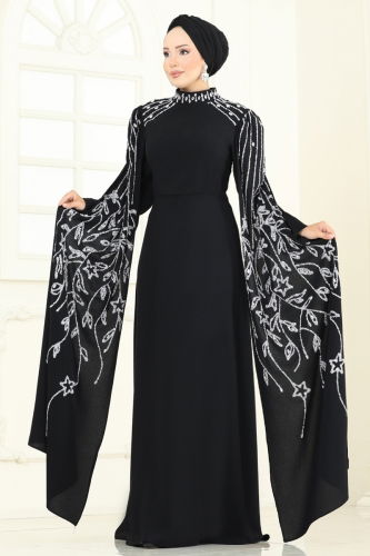 moda selvim Taş Detay Pelerinli Abiye 5696EDF311 Siyah - Thumbnail