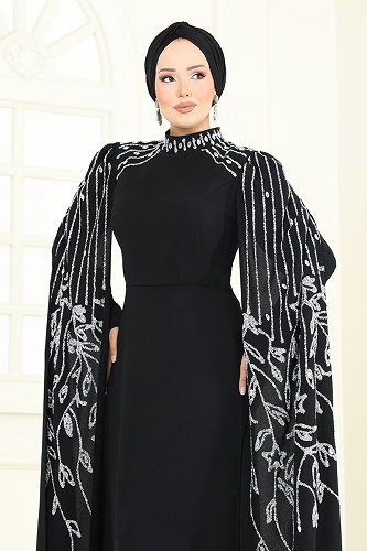 moda selvim Taş Detay Pelerinli Abiye 5696EDF311 Siyah - Thumbnail