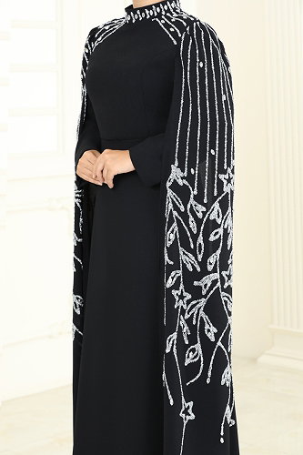 moda selvim Taş Detay Pelerinli Abiye 5696EDF311 Siyah - Thumbnail