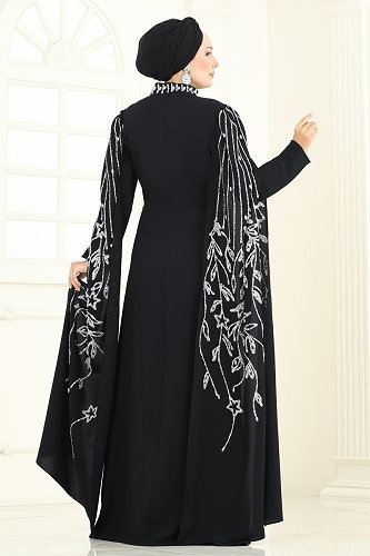 moda selvim Taş Detay Pelerinli Abiye 5696EDF311 Siyah - Thumbnail