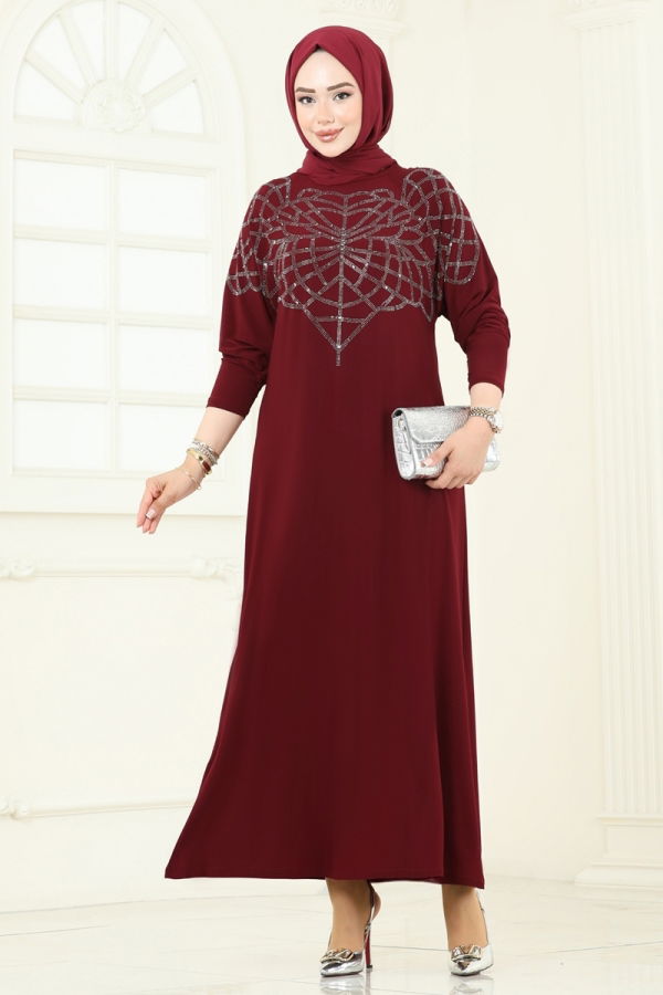 Modaselvim Elbise Taş Detay Sandy Elbise 3402UZ662 Bordo