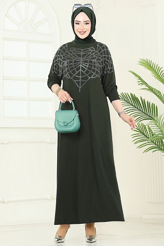 moda selvim Taş Detay Sandy Elbise 3402UZ662 Haki - Thumbnail