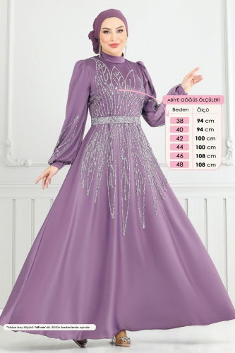 moda selvim Taş Detay Saten Abiye 5675EDF311 Koyu Lila - Thumbnail