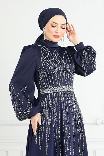 moda selvim Taş Detay Saten Abiye 5675EDF311 Laci - Thumbnail