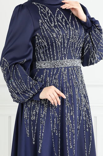 moda selvim Taş Detay Saten Abiye 5675EDF311 Laci - Thumbnail