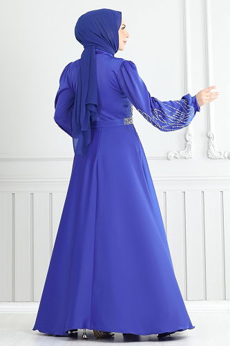 moda selvim Taş Detay Saten Abiye 5675EDF311 Saks - Thumbnail