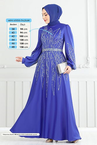 moda selvim Taş Detay Saten Abiye 5675EDF311 Saks - Thumbnail