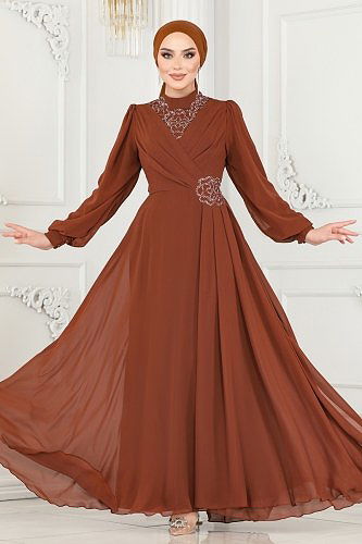 moda selvim Taş Detay Şifon Abiye 52882ALM181 Taba - Thumbnail