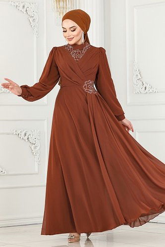 moda selvim Taş Detay Şifon Abiye 52882ALM181 Taba - Thumbnail