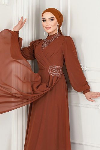 moda selvim Taş Detay Şifon Abiye 52882ALM181 Taba - Thumbnail