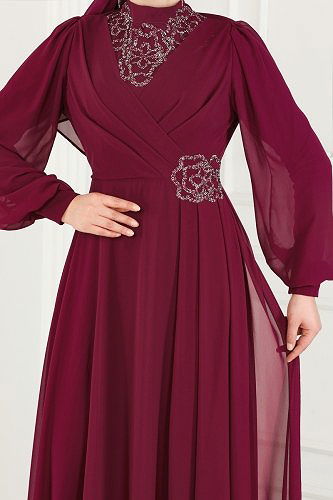 moda selvim Taş Detay Şifon Abiye 52882ALM181 Vişne - Thumbnail