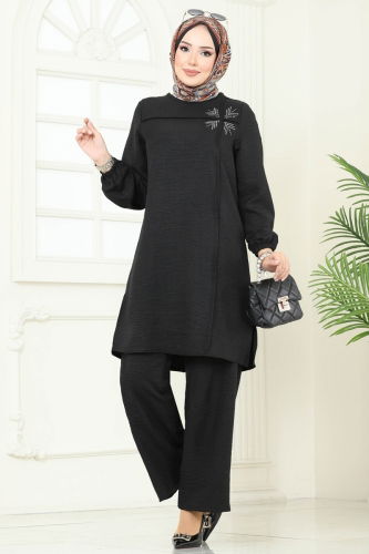 moda selvim Taş Detay Sofia Takım 437DVL817 Siyah - Thumbnail