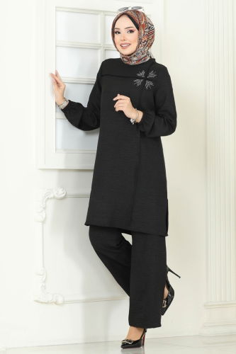 moda selvim Taş Detay Sofia Takım 437DVL817 Siyah - Thumbnail