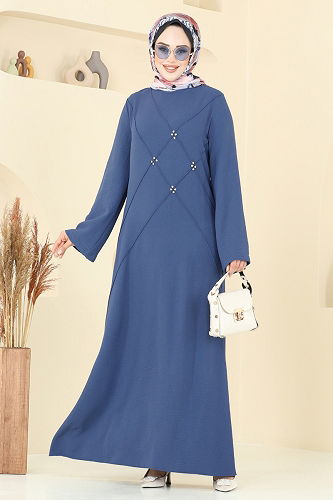 moda selvim Taş Detay Tesettür Elbise 2650SL432 İndigo - Thumbnail
