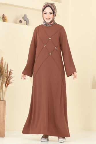 moda selvim Taş Detay Tesettür Elbise 2650SL432 Taba - Thumbnail