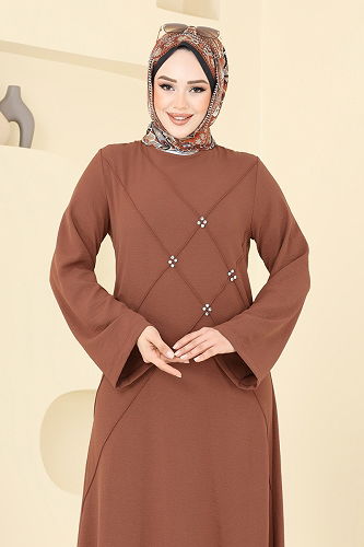 moda selvim Taş Detay Tesettür Elbise 2650SL432 Taba - Thumbnail