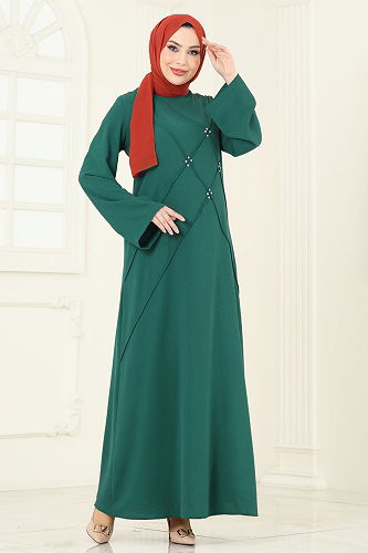 moda selvim Taş Detay Tesettür Elbise 2650SL432 Zümrüt - Thumbnail