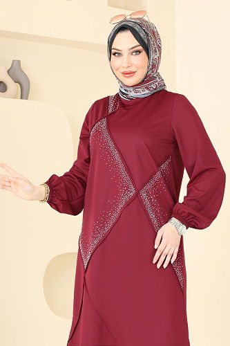 moda selvim Taş Detay Tesettür Takım 393DVL817 Bordo - Thumbnail