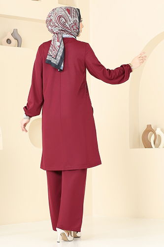 moda selvim Taş Detay Tesettür Takım 393DVL817 Bordo - Thumbnail