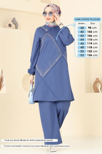 moda selvim Taş Detay Tesettür Takım 393DVL817 İndigo - Thumbnail