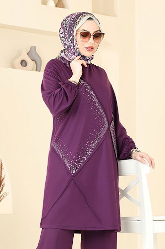 moda selvim Taş Detay Tesettür Takım 393DVL817 Mor - Thumbnail