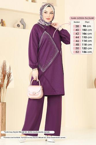 moda selvim Taş Detay Tesettür Takım 393DVL817 Mor - Thumbnail