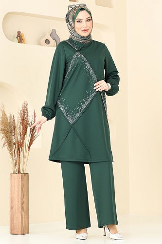 moda selvim Taş Detay Tesettür Takım 393DVL817 Zümrüt - Thumbnail