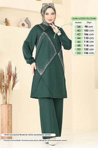 moda selvim Taş Detay Tesettür Takım 393DVL817 Zümrüt - Thumbnail