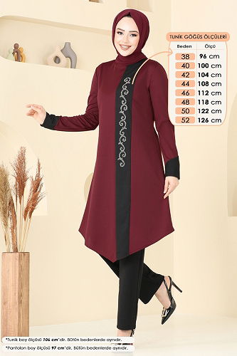 moda selvim Taş Detay Tesettür Takım ASM2802 Bordo - Thumbnail