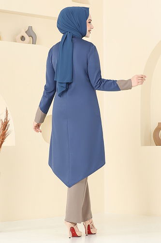 moda selvim Taş Detay Tesettür Takım ASM2802 İndigo - Thumbnail