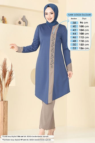 moda selvim Taş Detay Tesettür Takım ASM2802 İndigo - Thumbnail