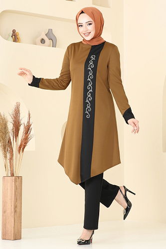 moda selvim Taş Detay Tesettür Takım ASM2802 Koyu Hardal - Thumbnail