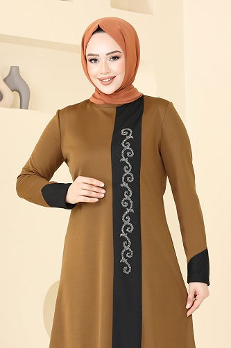 moda selvim Taş Detay Tesettür Takım ASM2802 Koyu Hardal - Thumbnail
