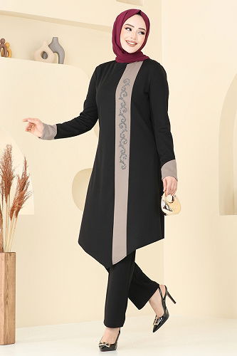 moda selvim Taş Detay Tesettür Takım ASM2802 Siyah - Thumbnail
