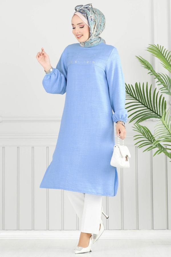 Modaselvim Tunik Taş Detay Tesettür Tunik 3123HBS856 Bebe Mavisi
