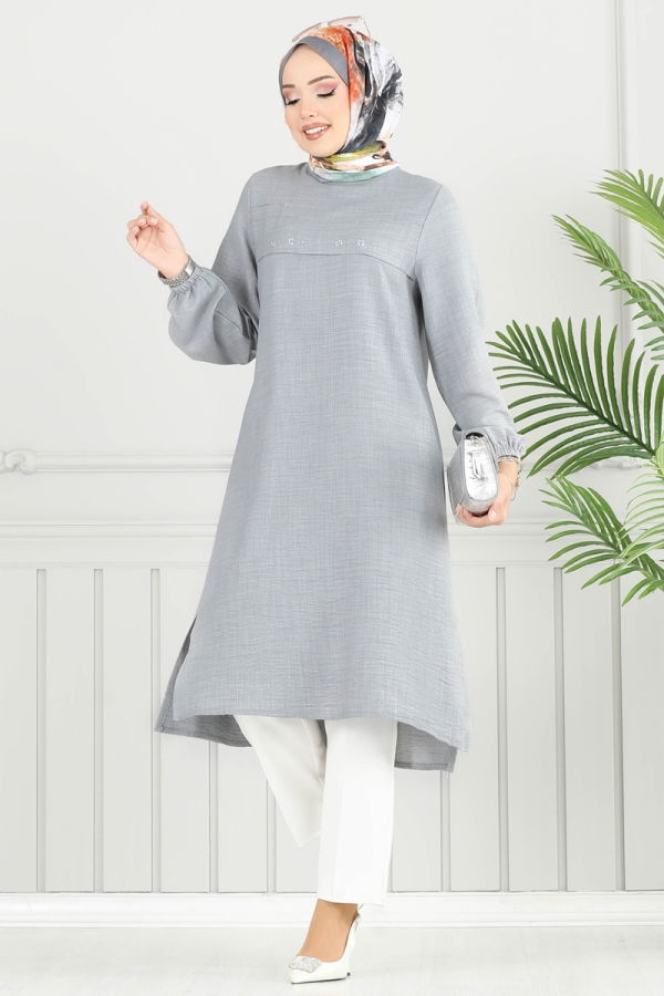Modaselvim Tunik Taş Detay Tesettür Tunik 3123HBS856 Gri