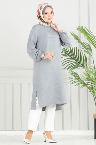 moda selvim Taş Detay Tesettür Tunik 3123HBS856 Gri - Thumbnail