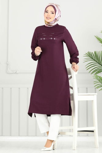moda selvim Taş Detay Tesettür Tunik 3123HBS856 Mürdüm - Thumbnail